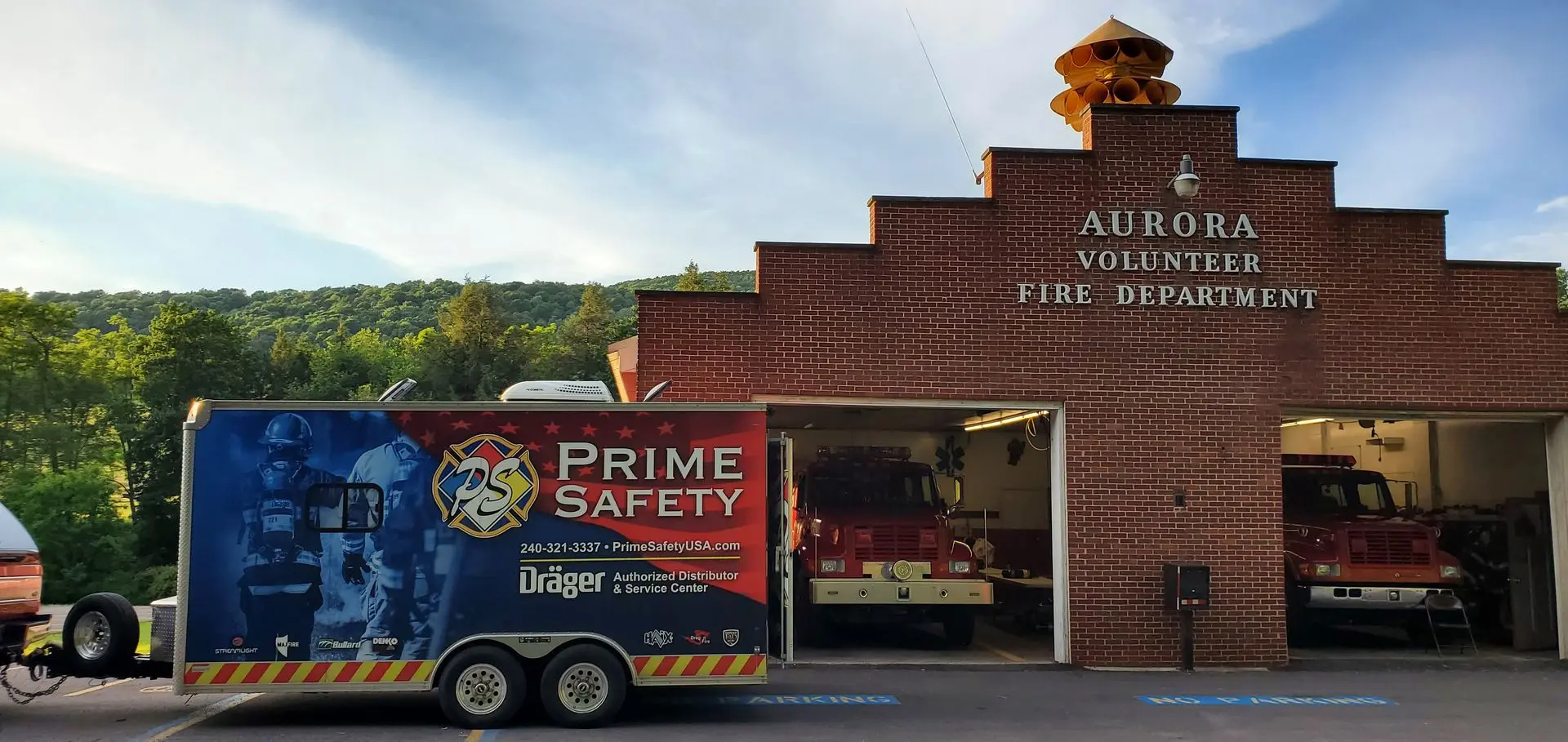 Prime Safety service trailer in front of Aurora Volunteer Fire Department WV after a service 