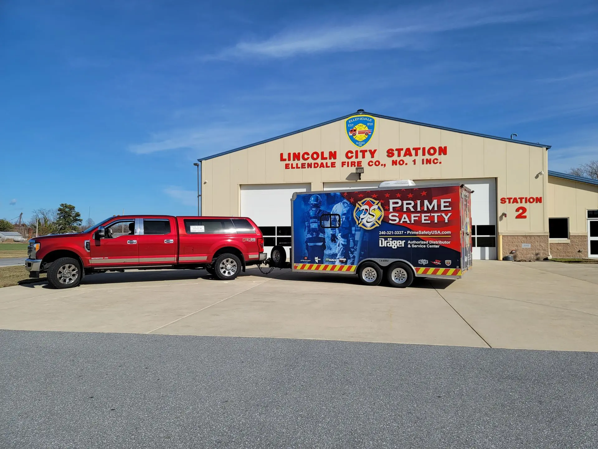 Prime Safety service trailer in front of Ellendale Fire Co., No 1 DE