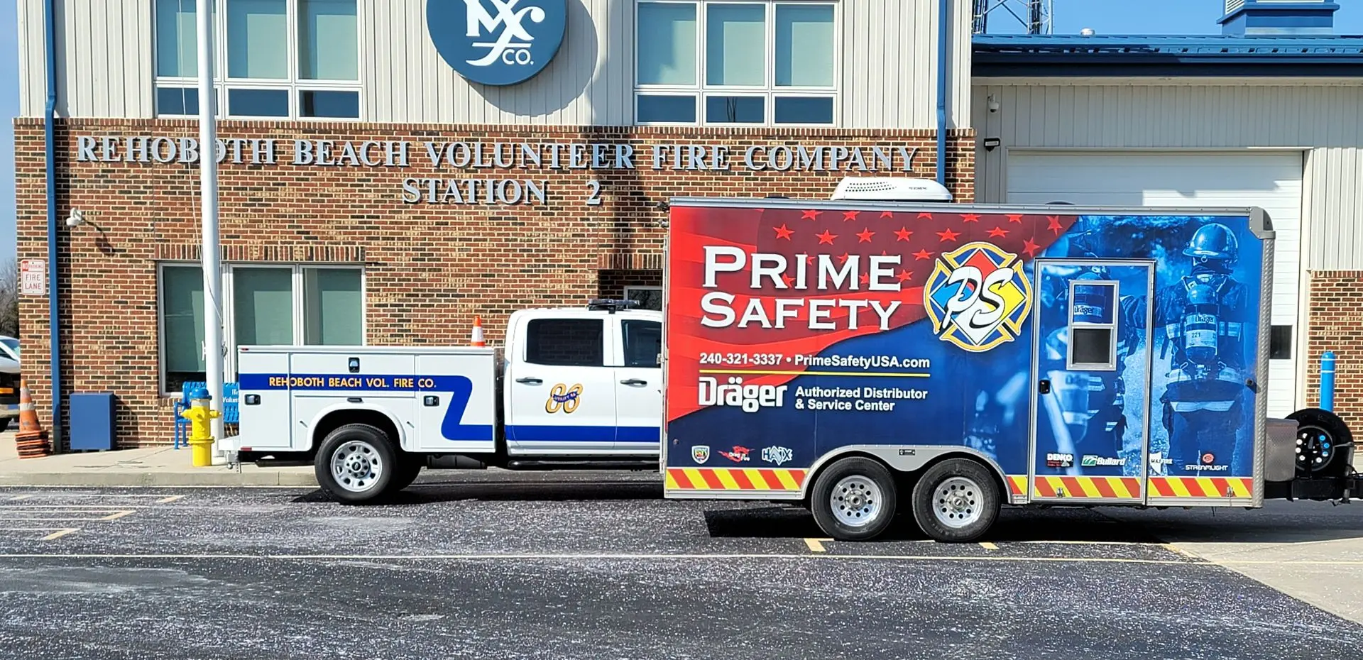 Prime Safety service trailer in front of Rehoboth Beach Volunteer Fire Company Station 2 DE after annual service