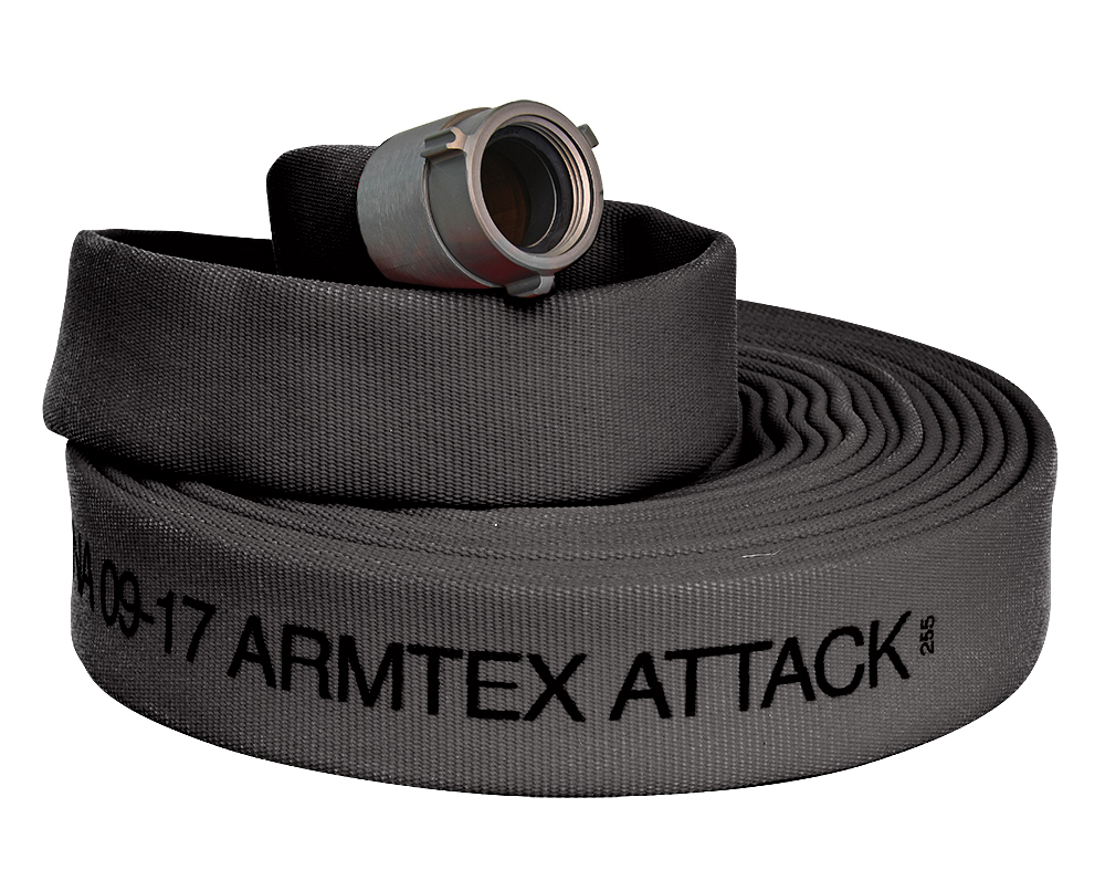 [AA150L025-NH150] Kuriyama Armtex Attack Lightweight All-Polyester Double Jacket Rubber Lined Fire Hoses (1 1/2", Black, 25', NH/NST)